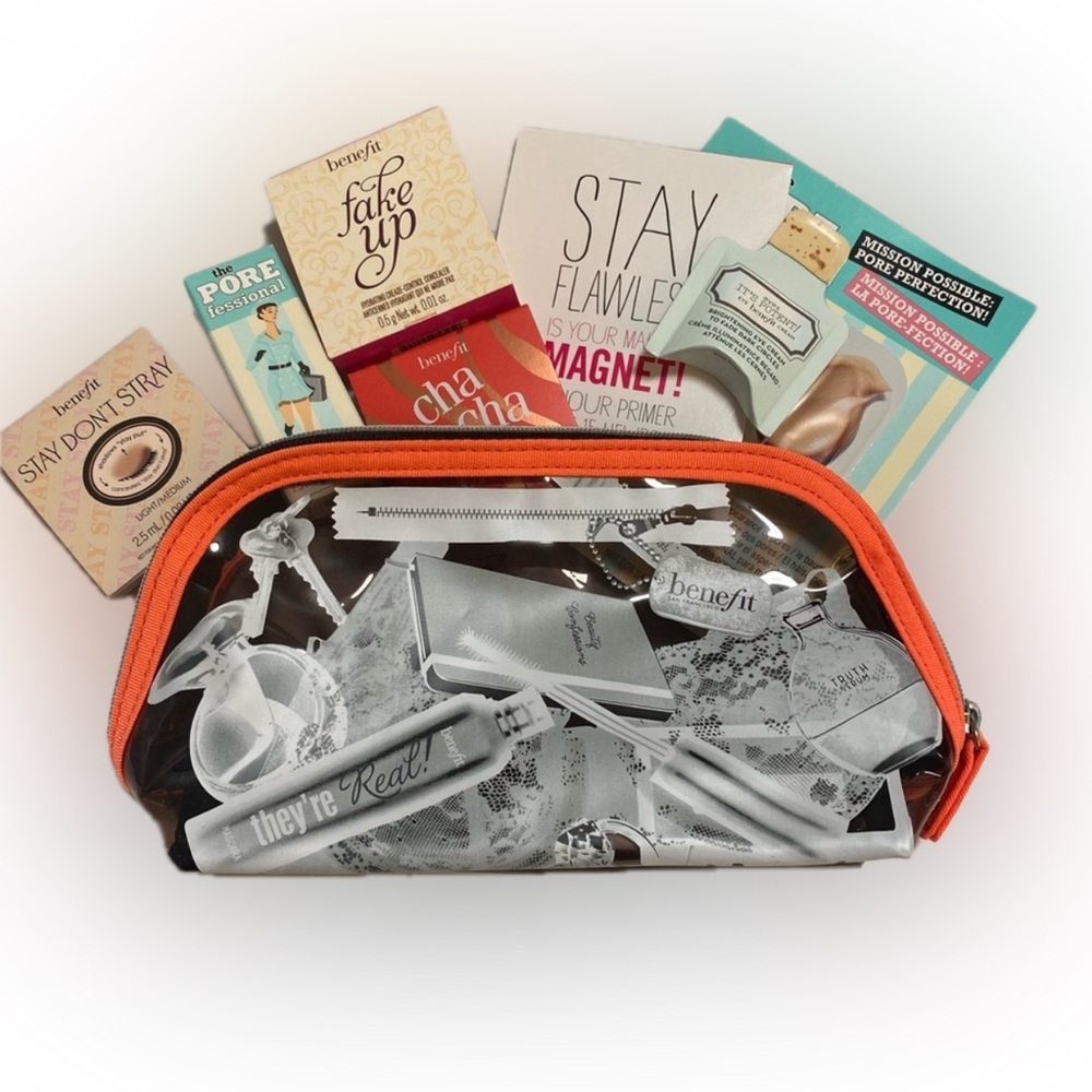 NEW Benefit Cosmetic Bag w/ 7 Benefit Beauty Samples 4” x 8” x 2.5”